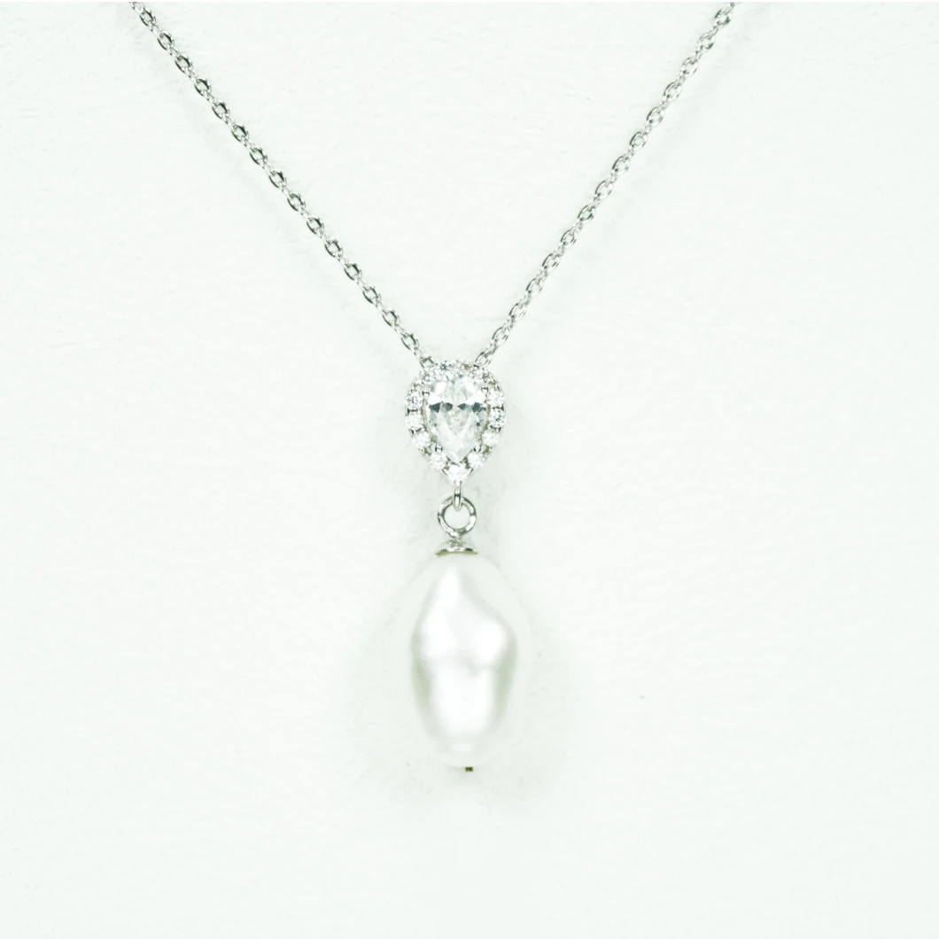 Custom Rhodium Fashion Pear Shape CZ Stone with Pearl Silver Necklace Jewellery