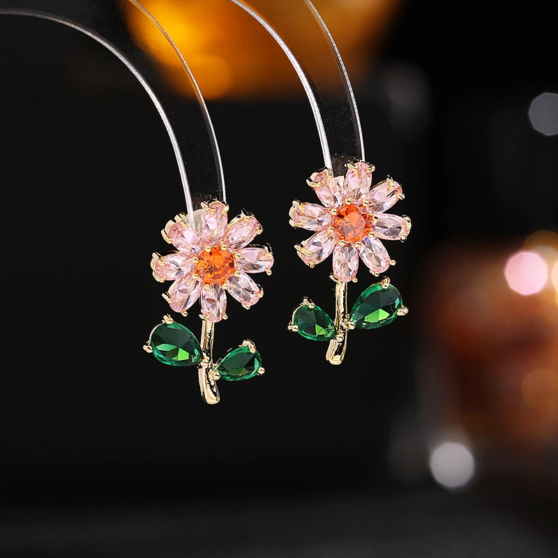 18K Gold Plated Fashion Jewellery 925 Silver Color CZ Sun Flower Earring