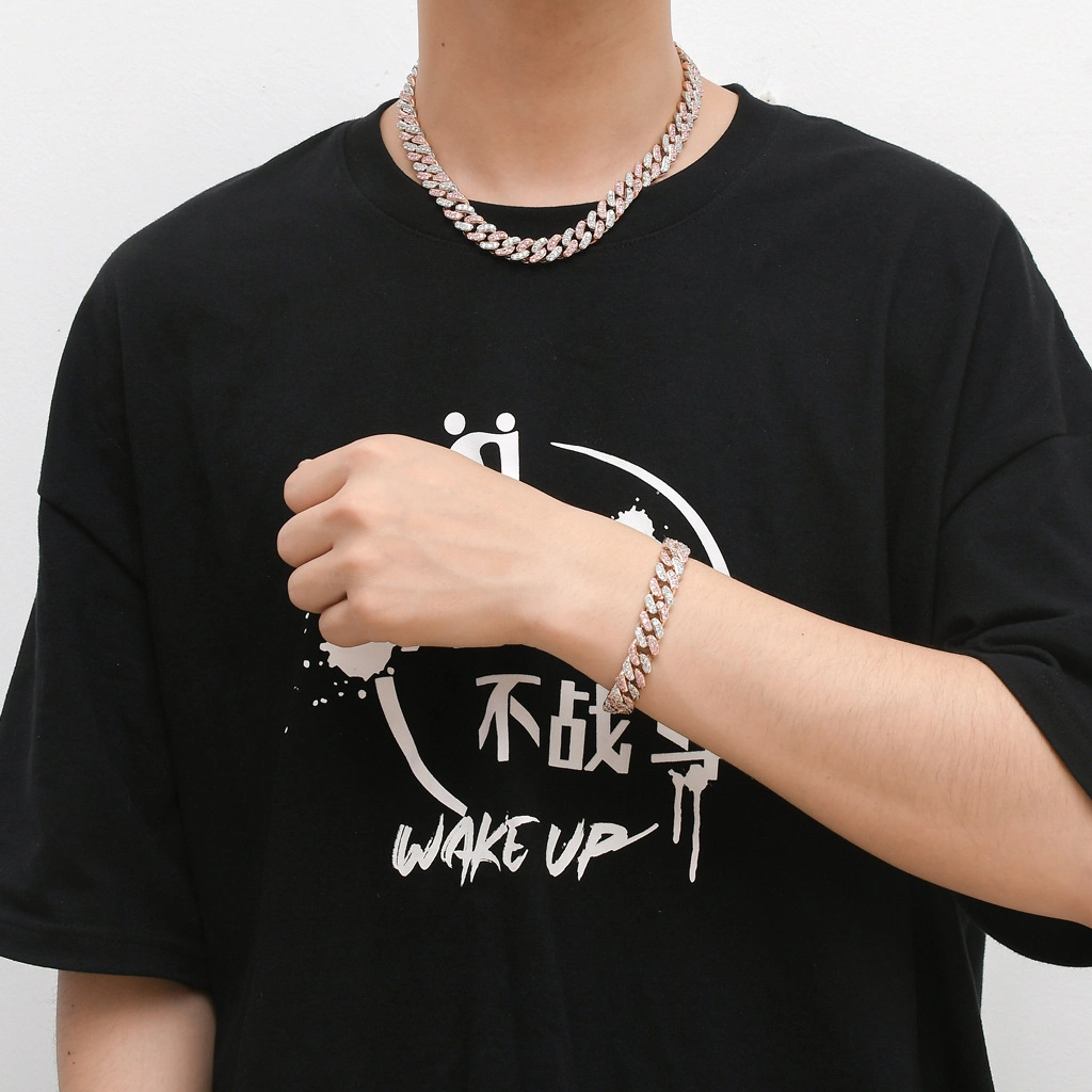 Fashion Design Hip Hop Style Men Cuban Chain Copper Zirconia Jewelry Set Link Necklace Bracelet Cuban Link Chain