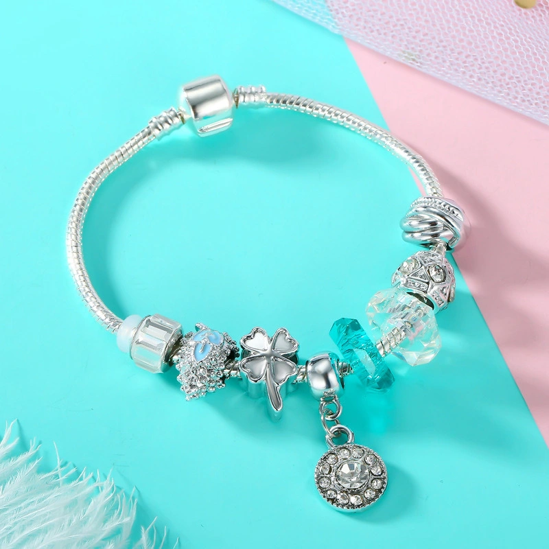 Summer Style Silver Charm Bracelets Bangles Blue Crystal/Glass Beads Women Bracelets Esg13590