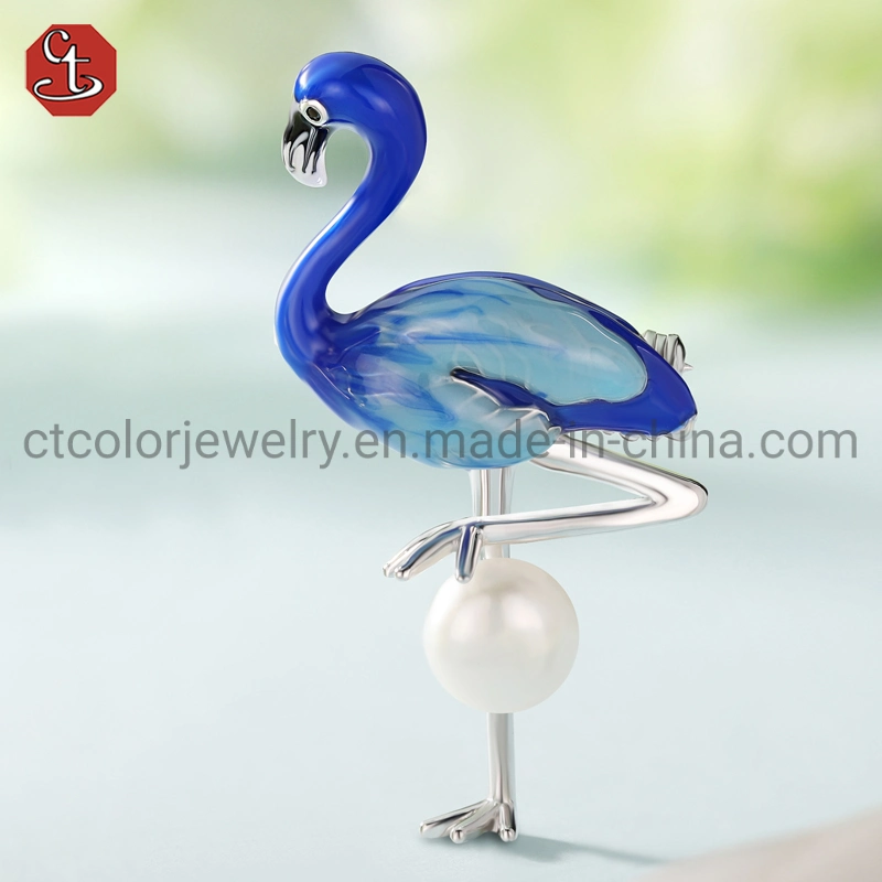 Fashion Jewelry Enmael OEM Blue Flamingo Natural Pearl 925 Silver Jewelry Gift Designer Brooch