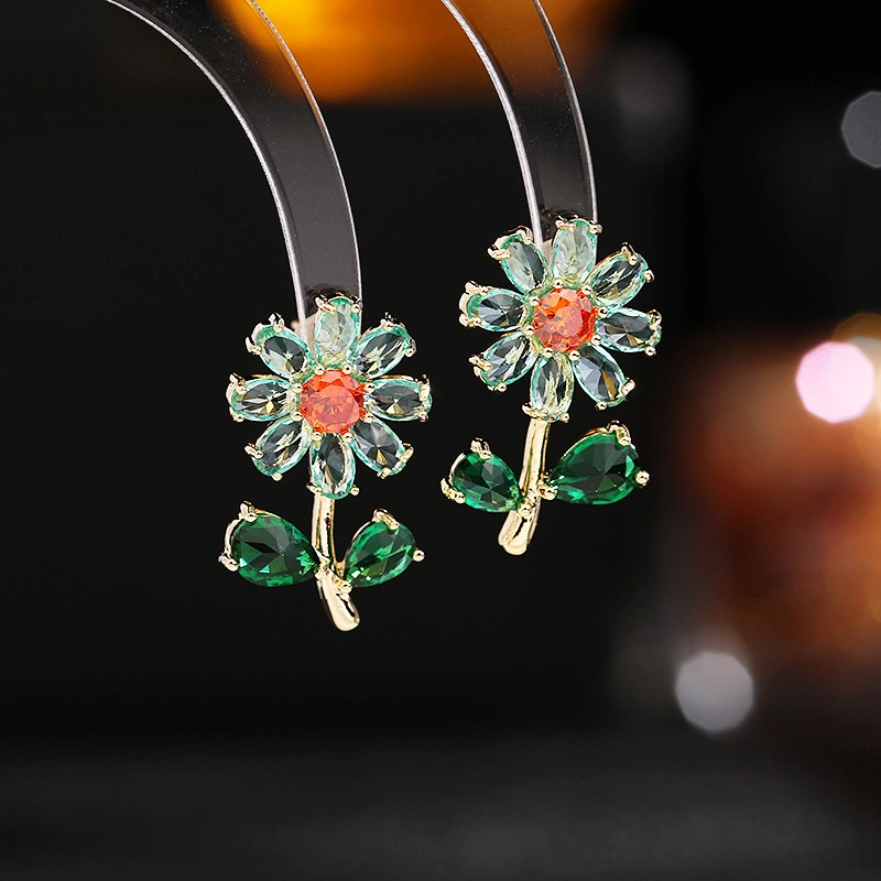 18K Gold Plated Fashion Jewellery 925 Silver Color CZ Sun Flower Earring